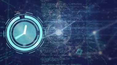 Neon saatinin animasyonu ve bağlantı ağı ve veri işleme ağının küresi. Küresel ağ ve iş teknolojisi kavramı