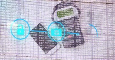 Finansal veri işlemenin animasyonu, simgeli ağ ve ödeme terminali. Küresel iş, veri işleme ve bağlantılar konsepti dijital olarak oluşturulmuş video.