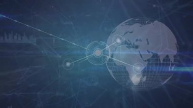 Mavi arka planda dönen dünya üzerindeki bağlantı ve veri işleme ağının animasyonu. Küresel ağ ve iş teknolojisi kavramı