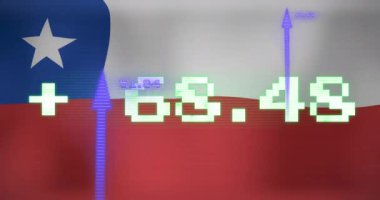 Şili bayrağı üzerinde veri işleme animasyonu. Küresel iş, finans ve dijital arayüz kavramı dijital olarak oluşturulmuş video.