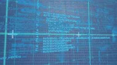 Mavi arkaplandaki ikili kodlamaya karşı ızgara ağı üzerinden veri işleme animasyonu. Bilgisayar arayüzü ve iş teknolojisi kavramı