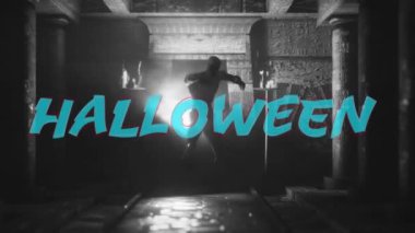 Zombi yürüyüşü üzerine cadılar bayramı mesajı animasyonu. Cadılar Bayramı, gelenek ve kutlama konsepti dijital olarak oluşturulmuş video.