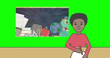 Afro-Amerikan liseli kızın eğitim ikonları üzerinden canlandırılması. Eğitim ve öğrenme kavramı dijital olarak oluşturulmuş video.