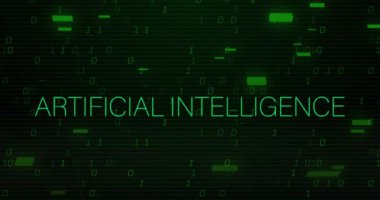 Veri işleme üzerine yapay zeka metninin animasyonu. Küresel iş ve dijital arayüz kavramı dijital olarak oluşturulmuş video.