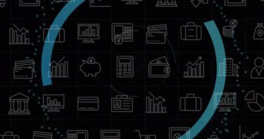 İş simgeleri üzerinde bulut simgesi ve veri işleme animasyonu. Küresel iş ve dijital arayüz kavramı dijital olarak oluşturulmuş video.