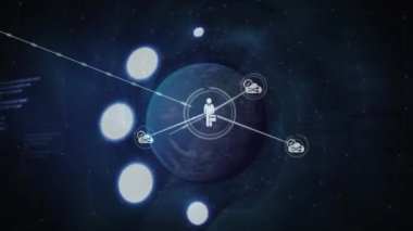 Mavi arka planda dönen dünya üzerinde profil simgelerinin oluşturduğu ağın animasyonu. Küresel ağ ve iş teknolojisi kavramı