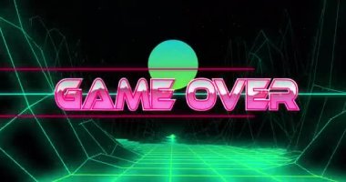 Dijital dağların üzerinden oyun animasyonu. Geçmişe dönük gelecek ve dijital arayüz kavramı dijital olarak oluşturulmuş video.