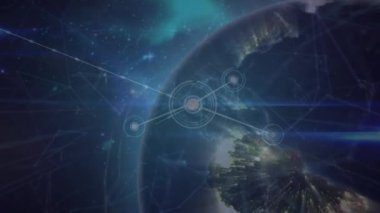 Animation of network of connections over spinning globe against blue background. Global networking and business technology concept