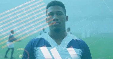 Çift ırklı ragbi oyuncusu üzerinden istatistik ve veri işleme animasyonu. Küresel spor, veri işleme ve dijital olarak oluşturulan yarışma konsepti.