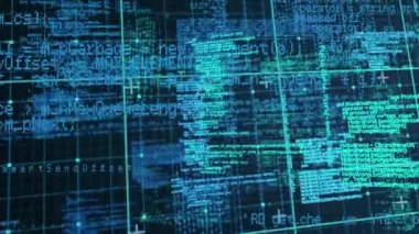 Animation of data processing over grid network against blue background. Computer interface and business technology concept