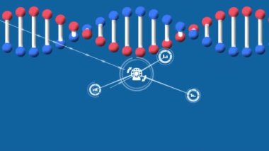 Mavi arka planda dijital simge ağının üzerinde dönen DNA yapısının animasyonu. Video oyunu arayüzü ve küresel ağ teknolojisi kavramı