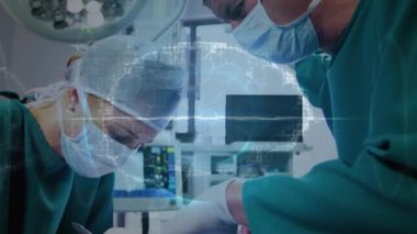 Hastanede ameliyat yapan erkek ve kadın cerrahlar üzerinde tıbbi veri işleme animasyonu. Tıbbi sağlık ve teknoloji konsepti