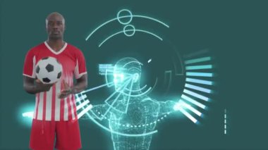 Afro-Amerikan erkek futbolcu üzerinden veri işleme animasyonu. Küresel spor ve dijital arayüz kavramı dijital olarak oluşturulmuş video.