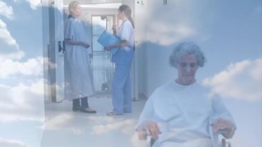 Kafkas hemşirelerin tekerlekli sandalyedeki hastalarla konuştuğu bulutların animasyonu. Uluslararası Engelliler Günü konsepti dijital olarak oluşturulmuş video.