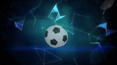 Kafkasyalı erkek futbolcu yerine küre ve futbol animasyonu. Küresel spor ve dijital arayüz kavramı dijital olarak oluşturulmuş video.