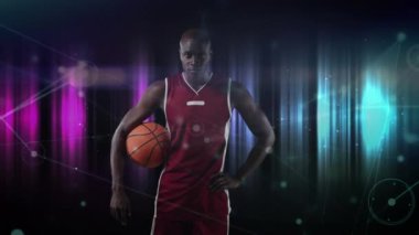 Basketbolcunun ışık yollarında topu tutuşu animasyonu. Spor yarışması ve turnuva konsepti.