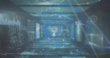 Tıbbi veri işleme ile ekranlar arasında bağlantı ağının ve yuvarlak tarayıcının animasyonu. Küresel ağ ve tıbbi araştırma teknolojisi kavramı