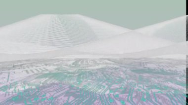 Mikroişlemci bağlantılarının animasyonu ve gri arka planda dijital dalgalar. Bilgisayar arayüzü ve iş teknolojisi kavramı