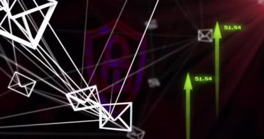 Oklar ve asma kilit üzerinden veri işleme animasyonu. Küresel iş, finans ve dijital arayüz kavramı dijital olarak oluşturulmuş video.