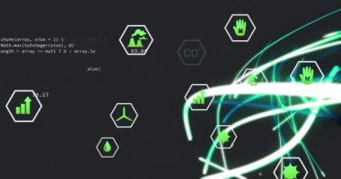 Ekoloji simgelerinin ve ışık yollarının üzerinde işlenen verilerin animasyonu. Küresel iş ve dijital arayüz kavramı dijital olarak oluşturulmuş video.