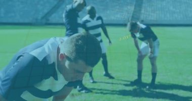 Çeşitli ragbi oyuncularının istatistik ve veri işleme animasyonları. Küresel spor, veri işleme ve dijital olarak oluşturulan yarışma konsepti.