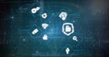 Veri işleme üzerinde dijital simgelerin canlandırılması ve mavi arkaplandaki bağlantılar ağı. Küresel ağ ve iş teknolojisi kavramı