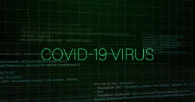 Veri işleme üzerinden covid-19 virüs metninin animasyonu. Küresel iş ve dijital arayüz kavramı dijital olarak oluşturulmuş video.