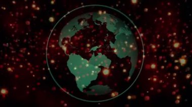 Siyah arka planda dönen dünyanın üzerinde süzülen ışık kıvılcımlarının canlandırılması. Küresel ağ ve iş teknolojisi kavramı