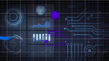 Veri işleme arayüzü üzerinde hareket eden video oyunu denetleyici ve mavi grafiklerin animasyonu. Bilgisayar arayüzü ve iş teknolojisi kavramı
