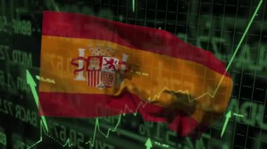 İspanya bayrağı üzerinde veri işleme animasyonu. Küresel iş, finans ve dijital arayüz kavramı dijital olarak oluşturulmuş video.