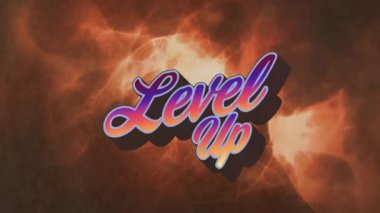 Siyah arkaplana karşı turuncu dijital dalgalar üzerinde metin afişinin canlandırılması. Video oyunu arayüzü ve teknoloji kavramı