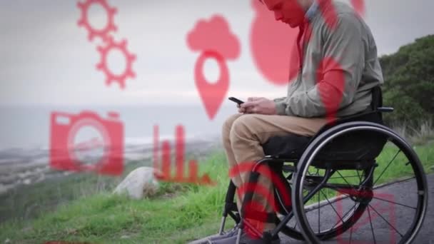 Animation Icons Disabled Cuacasian Man Sitting Wheelchair Using Smartphone International — Stock Video
