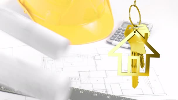 Animation Hanging House Keys Spinning Architectural Drawings Hard Hat Calculator — Stock Video