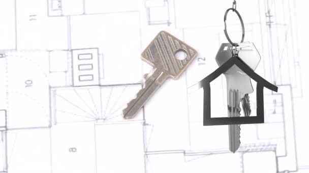 Animation Hanging House Keys Spinning Architectural Drawings House Key Real — Stock Video