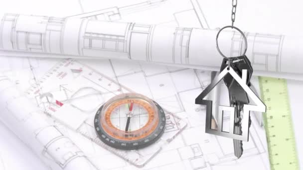 Animace Závěsných Klíčů Proti Rotujícím Architektonickým Kresbám Kompasu Koncept Technologie — Stock video