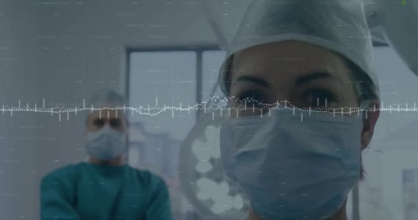 Animáció Adatkezelésről Férfi Női Sebész Portréján Műtőben Egészségügyi Technológiai Koncepció — Stock videók