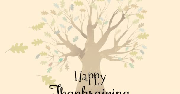 Animation Happy Thanksgiving Text Day Tree Autumn Leaves Yellow Background — Stock Video