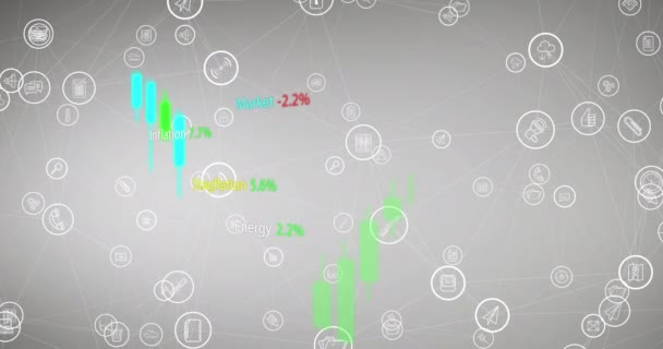 Animacja Przetwarzania Danych Przez Ikony Mediów Globalny Biznes Finanse Koncepcja — Wideo stockowe