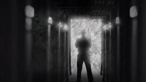 暗い廊下の戸口にバックライト上の図の上の木の損傷した黒と白のフィルムのアニメーション ハロウィーン サスペンスの概念デジタル生成ビデオ — ストック動画