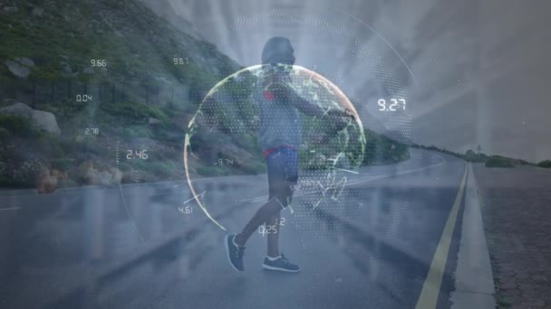 Animation Light Trails Spinning Globe African American Fit Man Running — Αρχείο Βίντεο