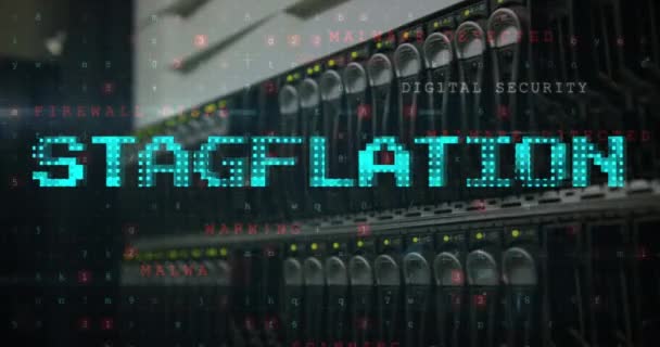 Animace Zpracování Dat Stagflace Textu Nad Serverovou Místností Globální Koncepce — Stock video