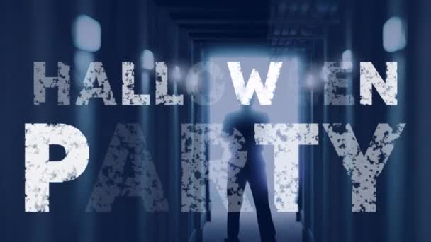 暗い廊下でバックライト怖い図上の白で傷やハロウィンパーティーテキストのアニメーション ハロウィンパーティーの伝統 サスペンスコンセプトデジタル生成ビデオ — ストック動画