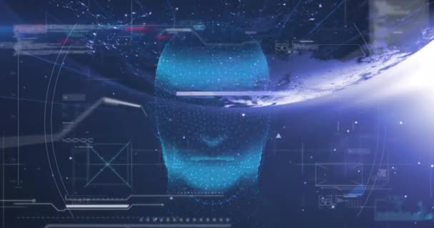 青い背景を背景に 人間の頭部モデルと地球上の6グラムのテキストと時計回りの時計のアニメーション グローバルネットワークと医療研究技術の概念 — ストック動画