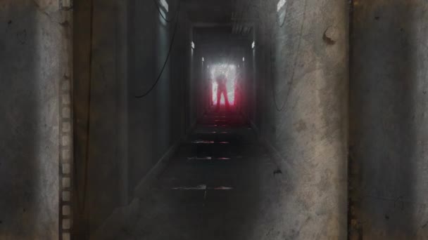 在黑暗走廊尽头的门口 电影的雾气和可怕的人物形象上的抓痕在背后闪烁着动画 万圣节 恐怖和悬念概念数字制作的视频 — 图库视频影像