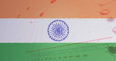 Covid 19 hücrenin bileşimi ve Hint bayrağı üzerindeki istatistikler. küresel covid 19 salgın Hindistan sağlık krizi dijital olarak üretilen görüntü konsepti.