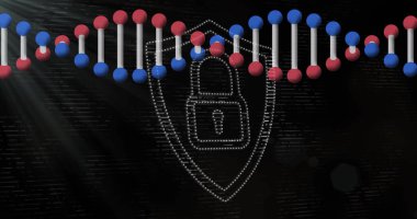 3D DNA iplikçikleri, beyaz asma kilit sembollü, siyah ışıklarla çevrili. küresel tıp bilimi araştırma teknolojisi, dijital veri ve güvenlik konsepti, dijital olarak oluşturulmuş görüntü.