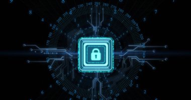 Siyah arkaplanda dijital veri işleme ve güvenlik kilidi görüntüsü. Küresel bağlantılar, teknoloji ve dijital arayüz konsepti dijital olarak oluşturuldu.