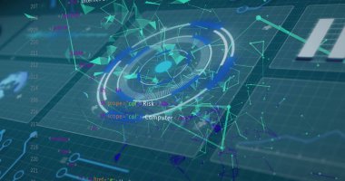 Dijital dairelerin görüntüsü, çizgilerle bağlantılı noktalar ve arayüz ekranlarındaki programlama kodları. Hologram, dijital olarak üretilmiş, telekomünikasyon, bilgi, fütüristik ve teknoloji.