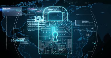 Dünya haritası üzerinde çevrimiçi güvenlik kilidi, işaretleyiciler ve veri işleme görüntüsü. küresel çevrimiçi güvenlik, dijital arayüz ve dijital olarak oluşturulmuş görüntü işleme kavramı.
