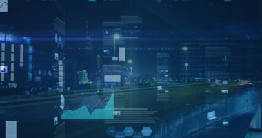 Şehir manzarası üzerinde istatistik ve finansal veri işleme resimleri. küresel iş, finans, veri işleme ve dijital olarak oluşturulmuş görüntü konsepti.